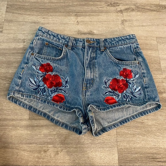 H&M Pants - H&M denim shorts with red floral embroidery